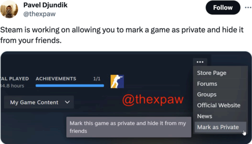 Tweet (Xeet?) from the SteamDB founder, pointing to a not-yet-public feature in Steam for hiding certain games from public or friends' profiles.